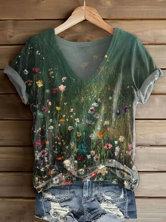 Casual Floral V Neck Short Sleeve T-shirt