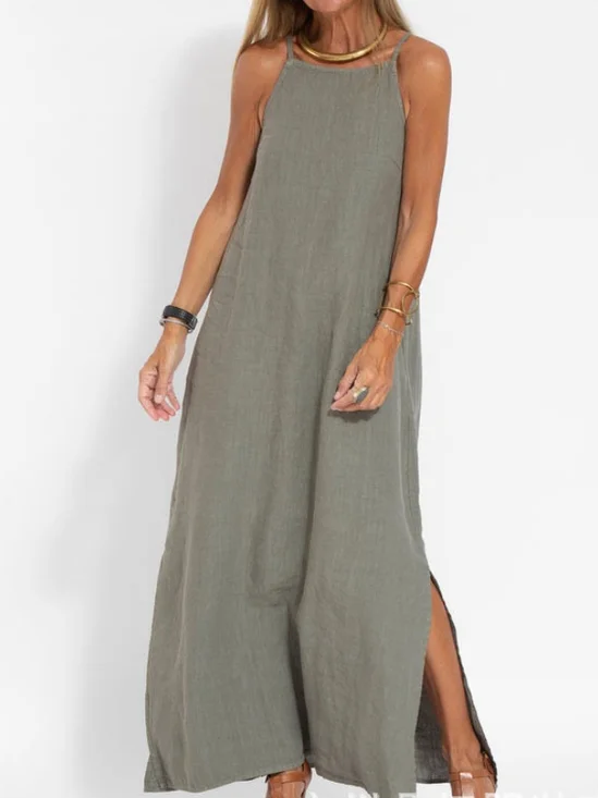 Women Plain Summer Split Joint Dress Crew Neck Sleeveless Tank A-Line Dress