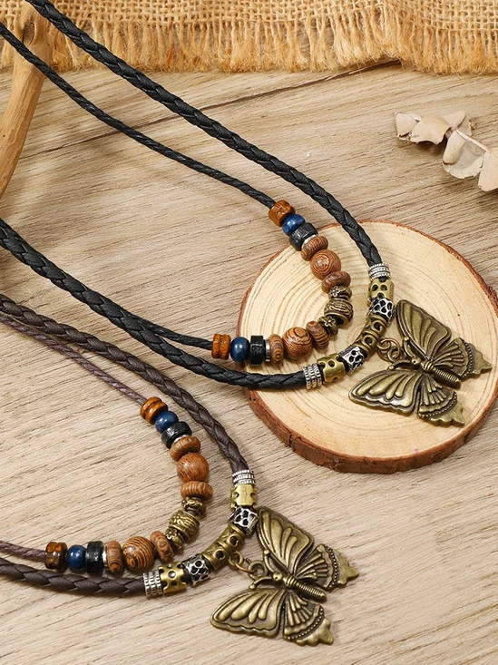 Artistic Retro Butterfly Alloy Multi-layer Wooden Beads Knotted Pullable Hand-woven Necklace