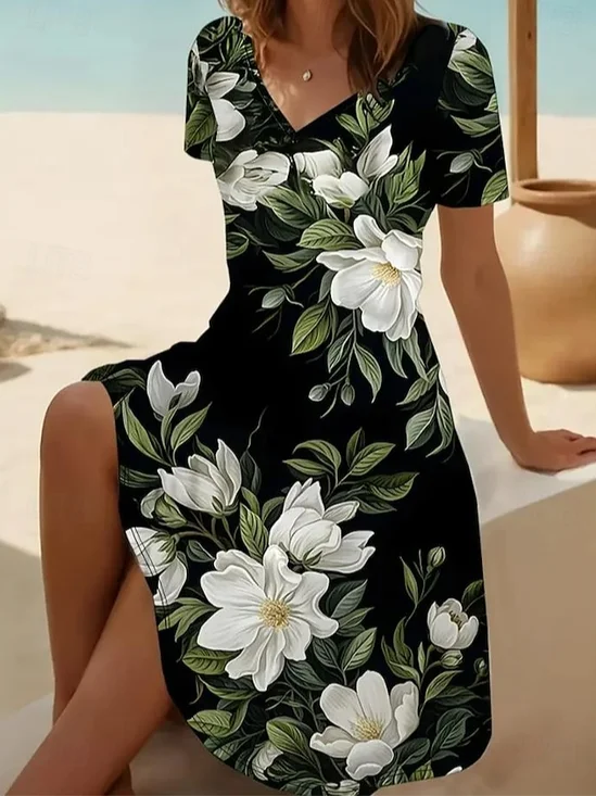 Women Floral Summer Printing Dress V Neck Short Sleeve Fit & Flare Dress A-Line Dress