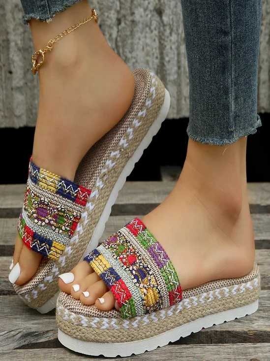 Vintage Geometric Breathable Slip On Flat Heel Slide Sandals Embroidery