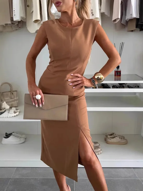 Women Plain Summer Split Joint Dress Crew Neck Short Sleeve Tank A-Line Dress