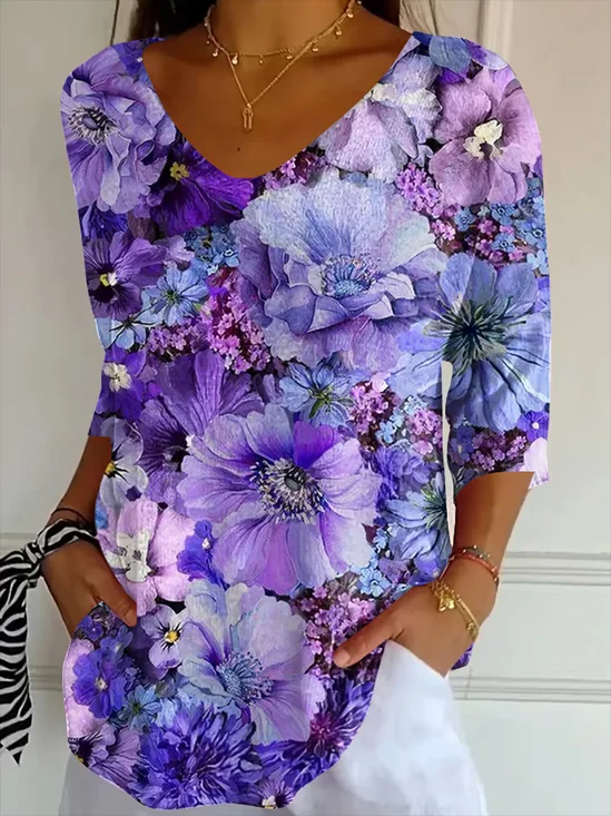Casual Floral V Neck Three Quarter Sleeve T-shirt