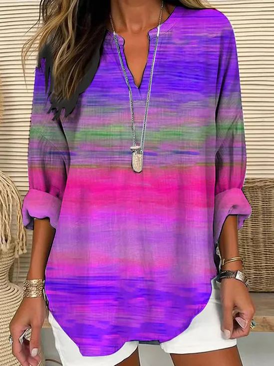 V Neck Long Sleeve Abstract Stripes Printing Regular Loose Blouse For Women