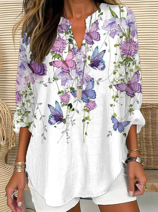V Neck Long Sleeve Floral Printing Regular Loose Blouse For Women