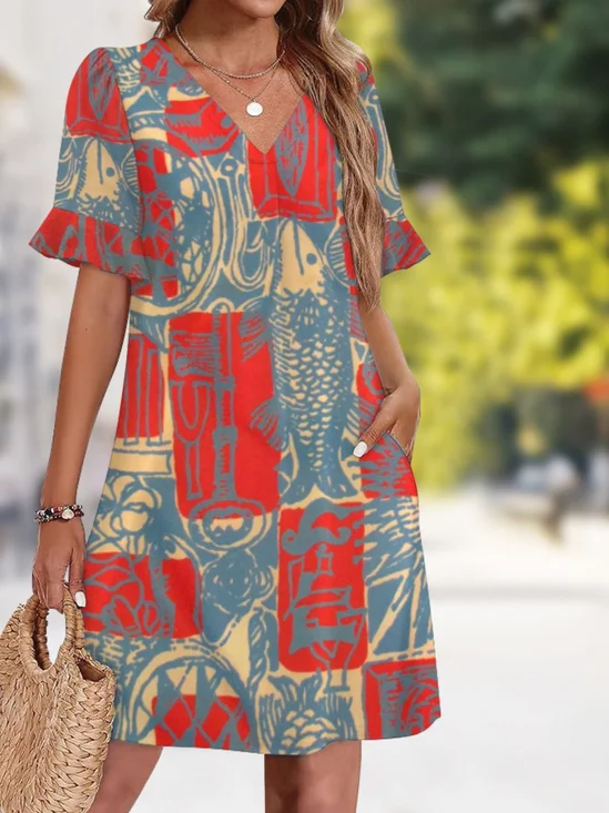 Women Floral Summer Dress V Neck Short Sleeve Art Painting T-Shirt Dress A-Line Dress