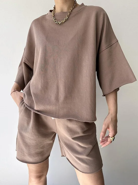 Women Plain Two-Piece Set Daily Half Sleeve Casual Summer Short Sets Matching Set