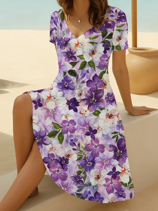 Women Floral Summer Printing Dress V Neck Short Sleeve Fit & Flare Dress A-Line Dress