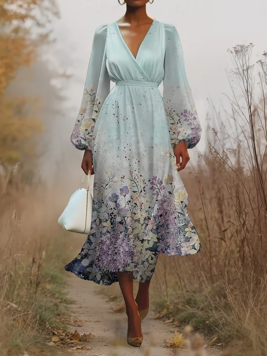 Women Floral Puff Sleeve Spring/Fall Dress V Neck Long Sleeve A-Line Dress