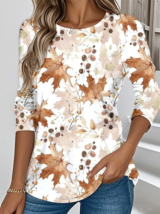 Casual Maple Leaf Pattern Crew Neck Long Sleeve T-shirt