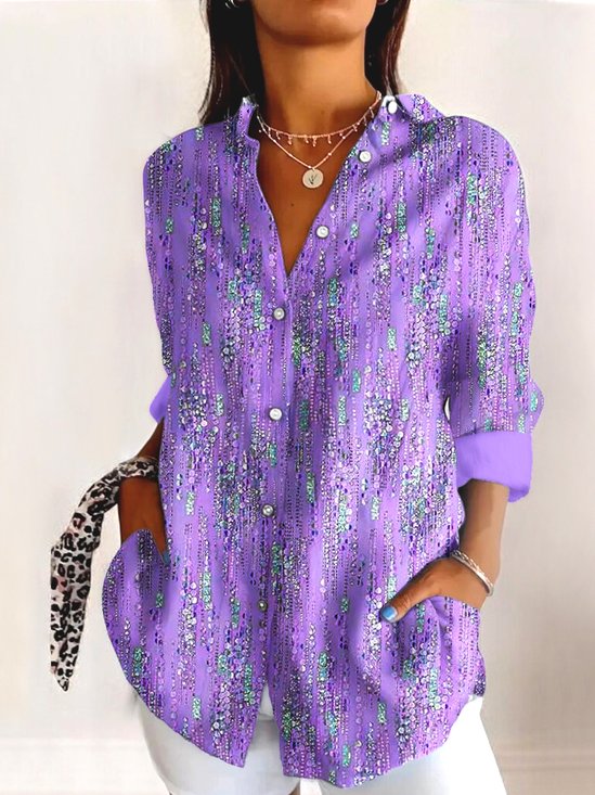 V Neck Long Sleeve Geometric Regular Micro-Elasticity Regular Fit Shirt For Women