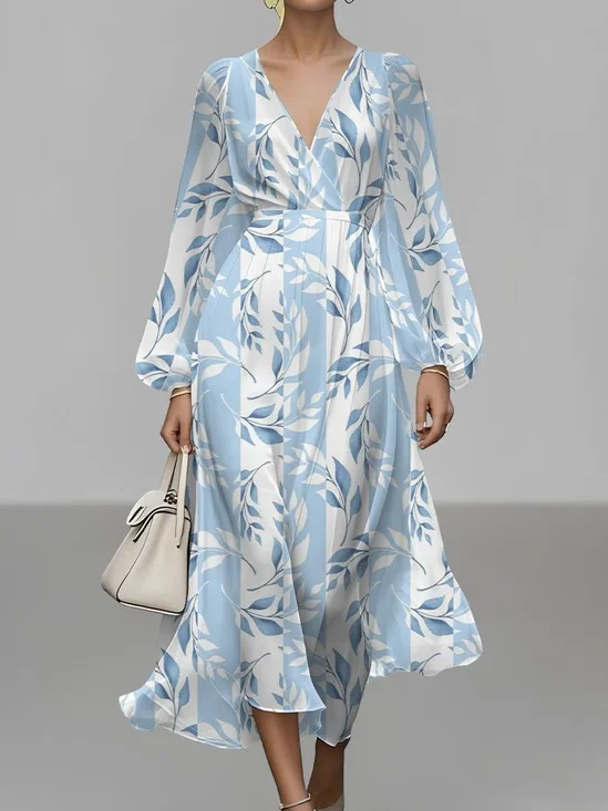 Women Striped Puff Sleeve Spring/Fall Dress V Neck Long Sleeve A-Line Dress