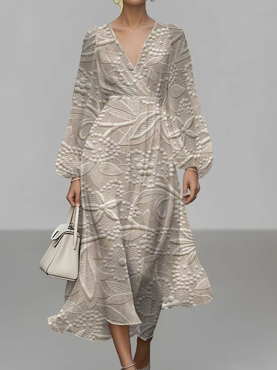 Women Floral Puff Sleeve Spring/Fall Dress V Neck Long Sleeve A-Line Dress