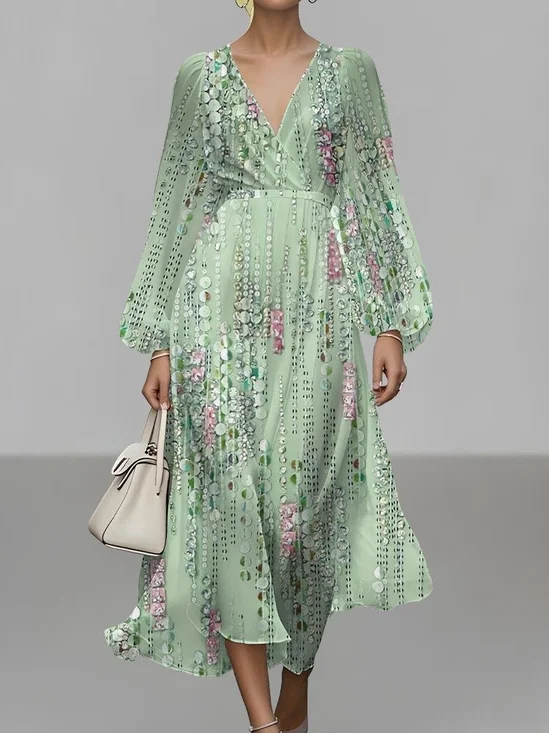 Women Striped Puff Sleeve Spring/Fall Dress V Neck Long Sleeve A-Line Dress