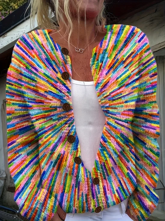 Women Knitted Geometric Long Sleeve Comfy Vintage Cardigan