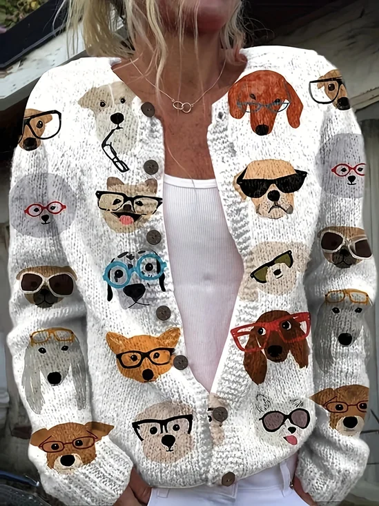 Women Knitted Cat Long Sleeve Comfy Vintage Cardigan