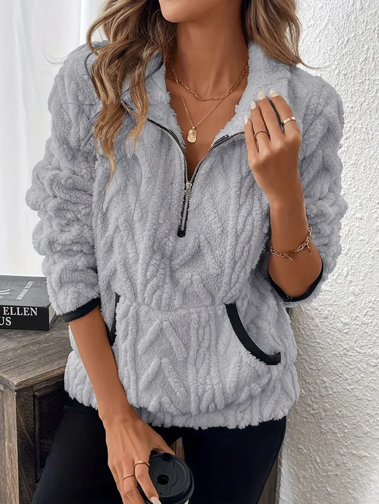 Casual V Neck Fleece Comfy Plain Sweatshirt