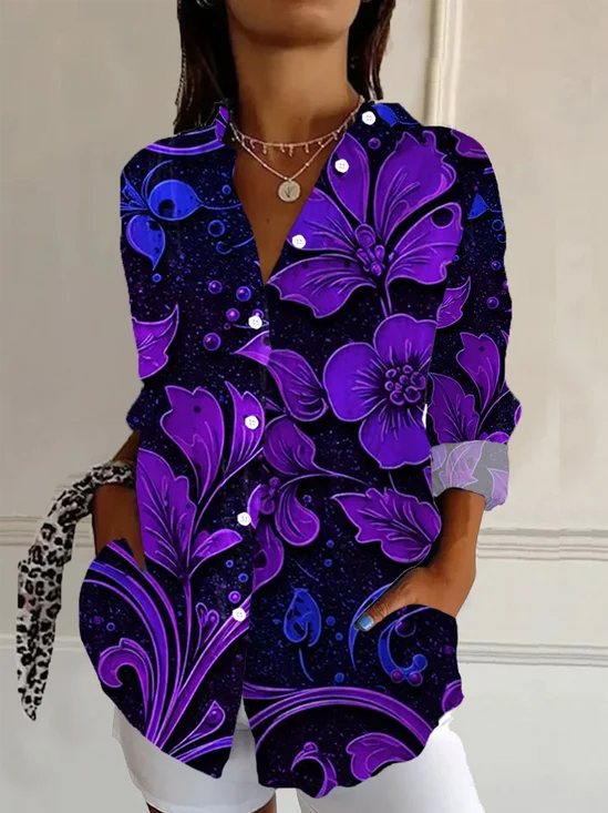Shirt Collar Regular Sleeve Long Sleeve Floral Buckle Regular Loose Button Up Shirt Shirt For Women