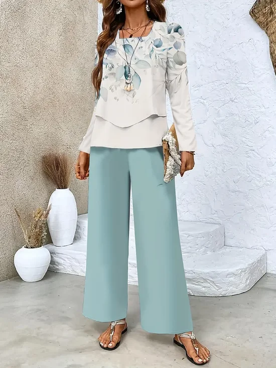 Women Floral Printing Two-Piece Set Daily Long Sleeve Casual Spring/Fall Top With Pants Matching Set
