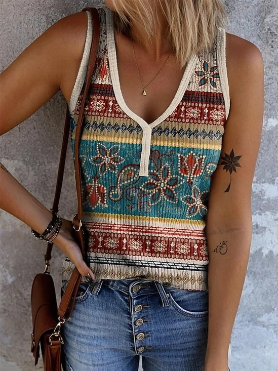 Casual V Neck Geometric Tank Top