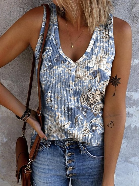 Casual V Neck Floral Tank Top