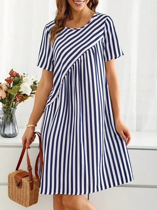Women Striped Summer Dress Crew Neck Short Sleeve A-Line Dress