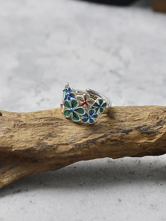 Exquisite Open Enamel Creative Retro Color Flower Ring Ethnic Style Classical Open Adjustable Ring
