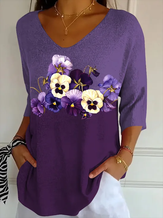 Casual Floral V Neck Three Quarter Sleeve T-shirt