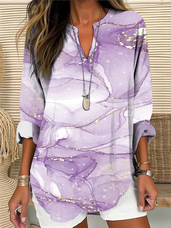 Shawl Collar Half Sleeve Geometric Regular Loose Blouse For Women