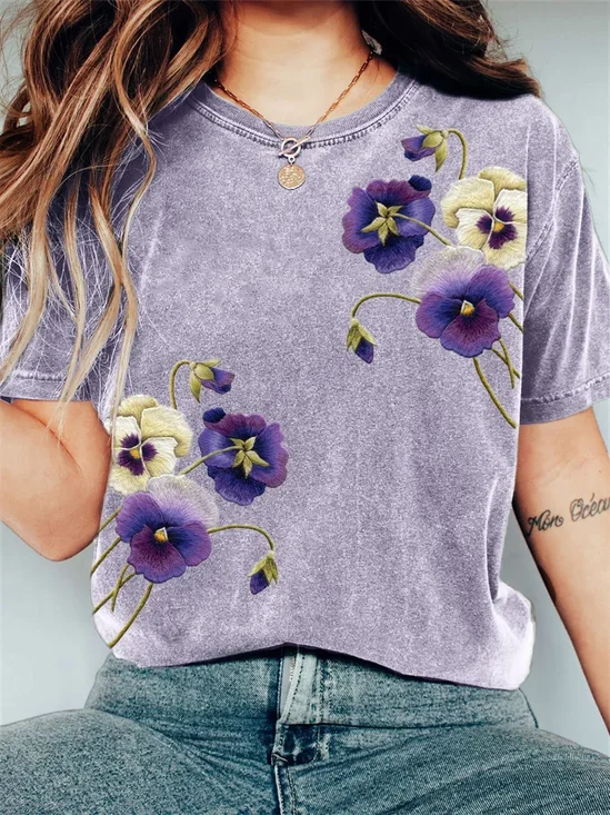 Vintage Floral Crew Neck Short Sleeve T-shirt