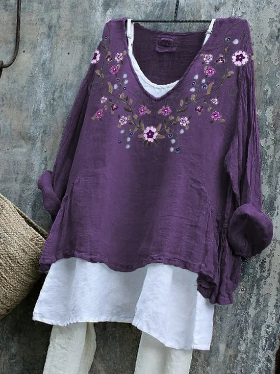 Vintage Floral V Neck Long Sleeve T-shirt