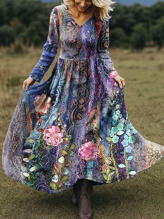 Women Floral Spring/Fall Dress V Neck Long Sleeve A-Line Dress