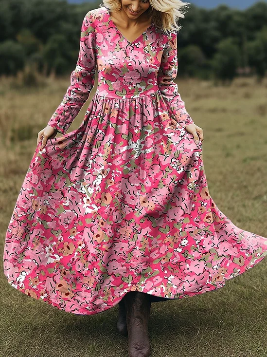Women Floral Spring/Fall Dress V Neck Long Sleeve A-Line Dress