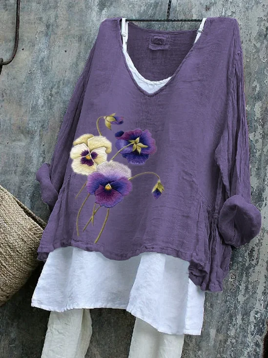 Vintage Floral V Neck Long Sleeve T-shirt