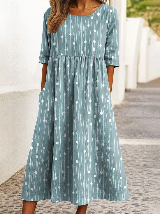 Women Striped Summer Dress Crew Neck Half Sleeve A-Line Dress