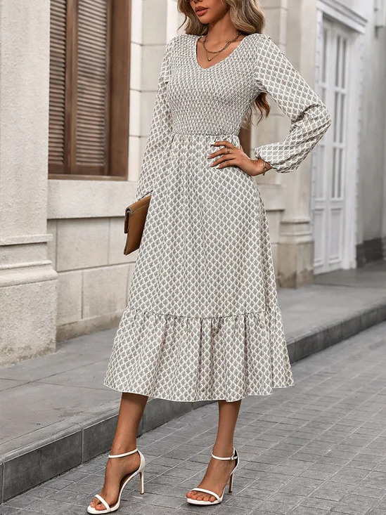 Women Geometric Spring/Fall Dress V Neck Long Sleeve A-Line Dress