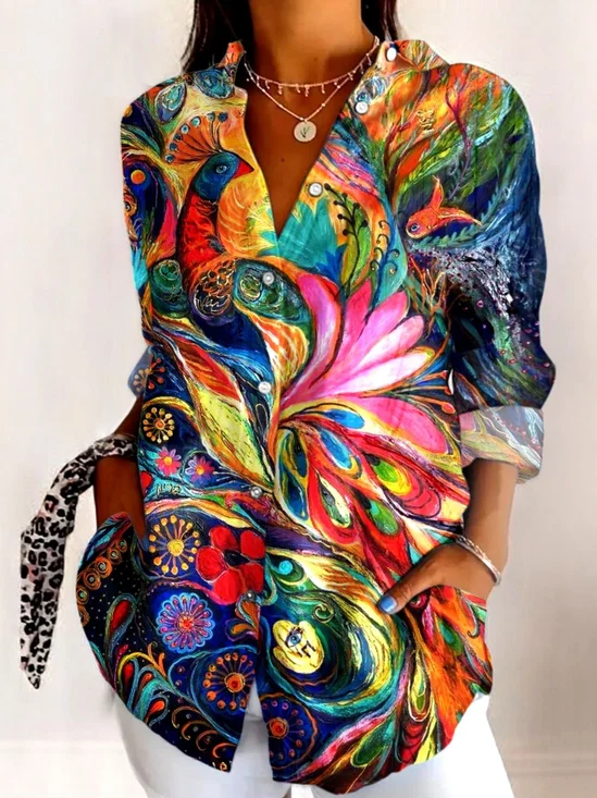 Women's Shirt Cotton Button Up Peacock Art Print Basic Blouse Casual Long Sleeve Shirt Collar Daily Top