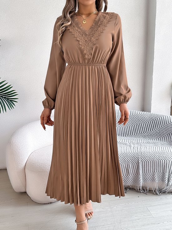 Women Plain Spring/Fall Dress V Neck Long Sleeve A-Line Dress