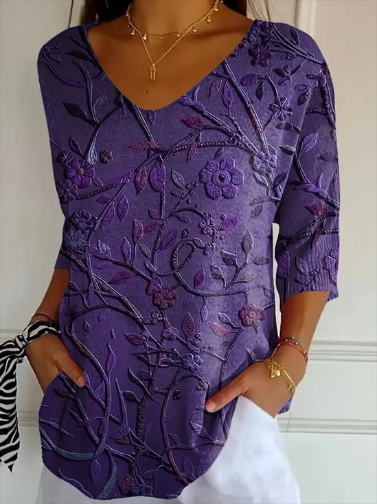Casual Floral V Neck 3/4 Length Sleeve T-shirt