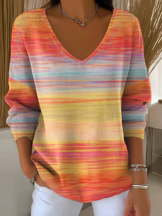 Women Cotton Colorful Gradient Print Long Sleeve Comfy Casual Sweater