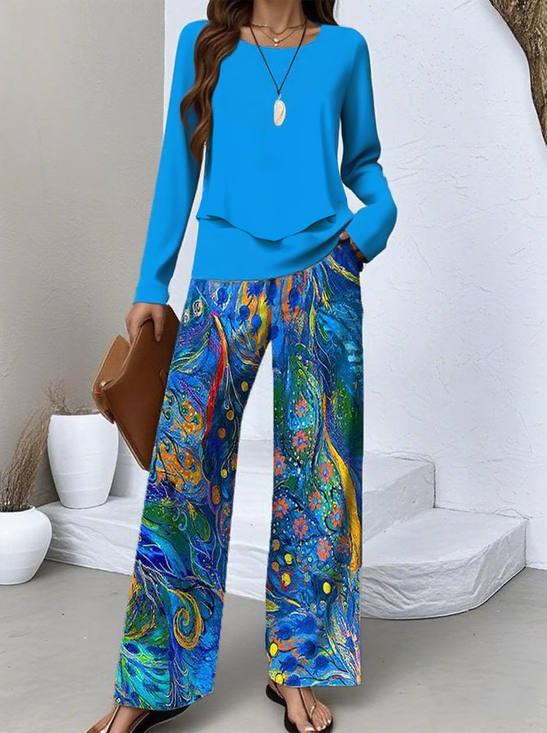 Women Psychedelic Art Two-Piece Set Daily Long Sleeve Casual Spring/Fall Top With Skirt Matching Set