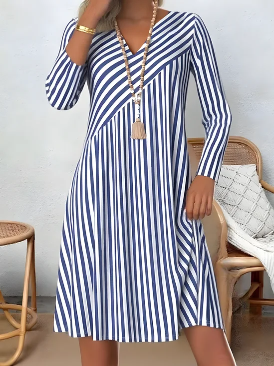 Women Striped Spring/Fall Printing Dress V Neck Long Sleeve T-Shirt Dress H-Line Dress