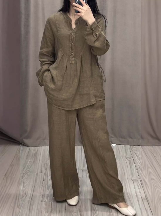 Women Plain Two-Piece Set Daily Long Sleeve Casual Spring/Fall Top With Pants Matching Set