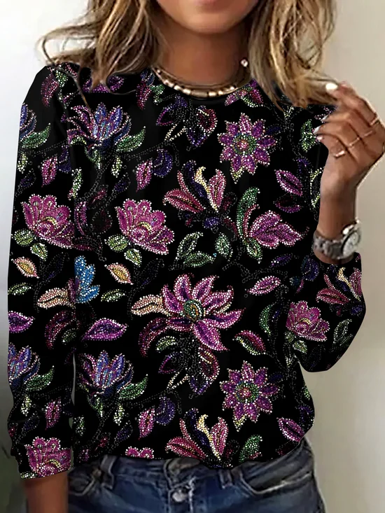 Vintage Floral Crew Neck Long Sleeve T-shirt