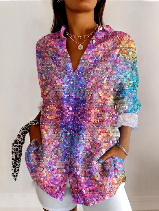 V Neck Long Sleeve Ombre Regular Micro-Elasticity Regular Fit Shirt For Women