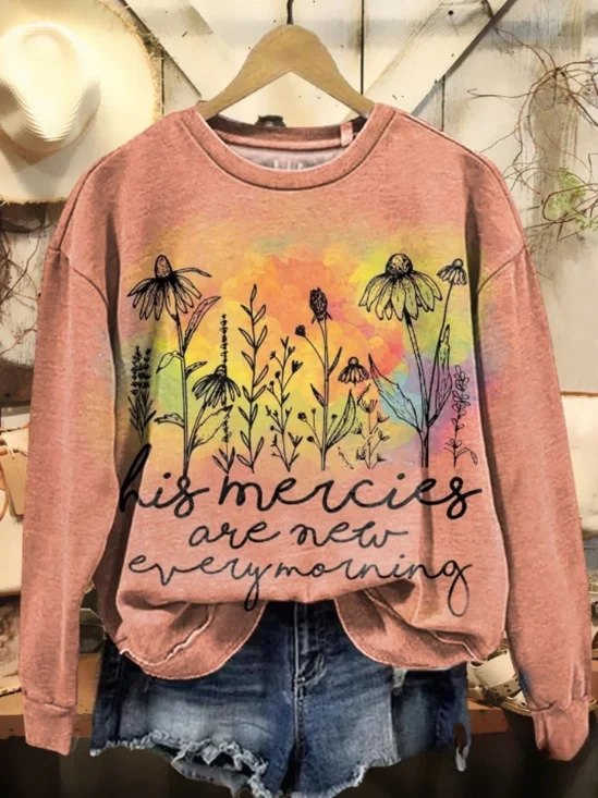 Women's His Mercies Are New Print Casual Crew Neck Sweatshirt