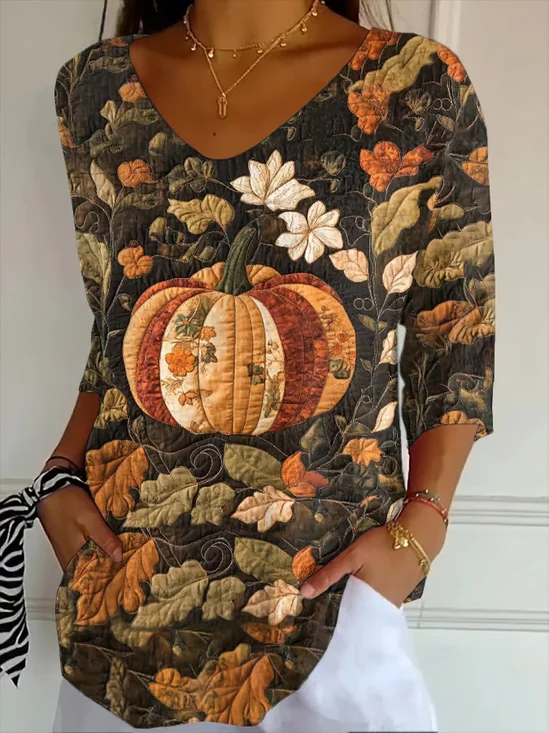 Casual Floral V Neck Three Quarter Sleeve T-shirt