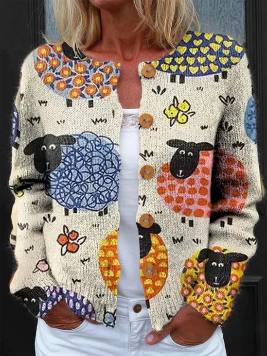 Women Knitted Animal Long Sleeve Comfy Vintage Cardigan