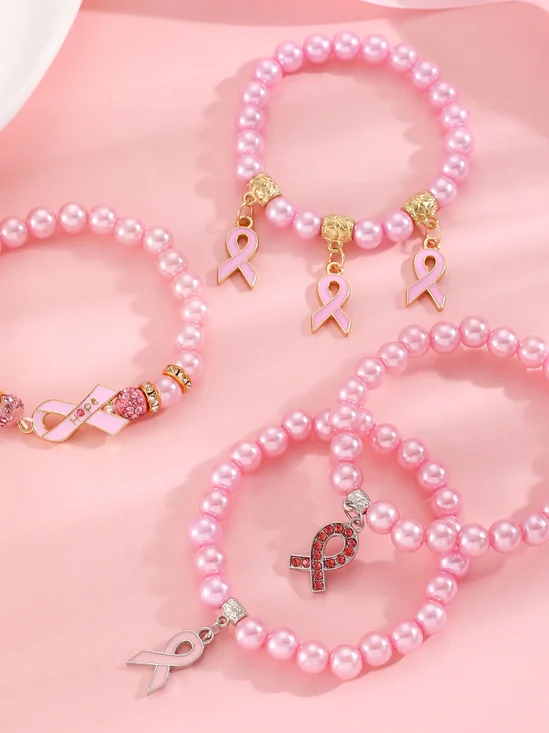 Breast Marker Real Gold Electroplated Pink Ribbon Women's Health Pearl Bracelet Necklace Set Ins Shambhala Jewelry