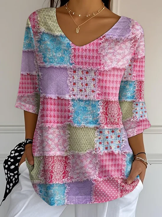 Casual Floral V Neck Three Quarter Sleeve T-shirt